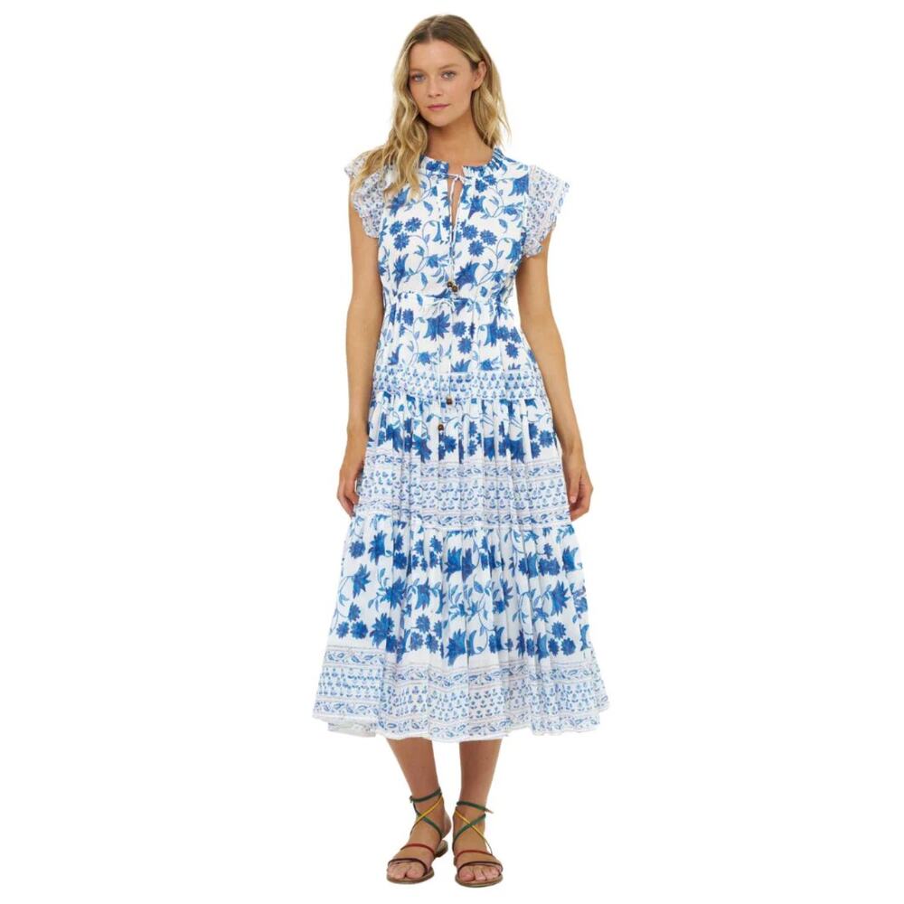 OLIPHANT Tuckernuck Cinched Waist Flirty Midi Dress Marion Blue Print XXL
